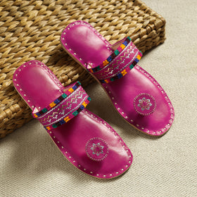 Pink Kutch Embroidery Handstitched Leather Flat Slippers