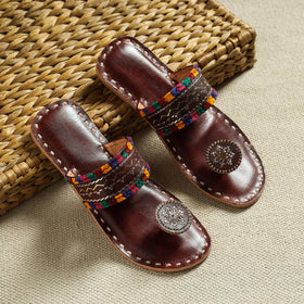 Brown Kutch Embroidery Handstitched Leather Flat Slippers