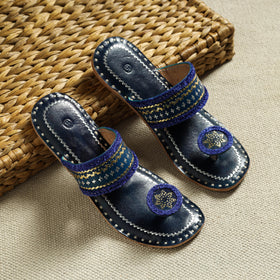 Blue Kutch Embroidery Handstitched Leather Flat Slippers