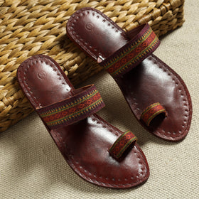 Brown Kutch Embroidery Handstitched Leather Flat Slippers