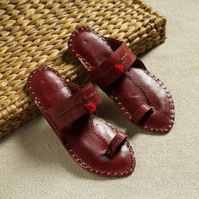 Maroon Kutch Embroidery Handstitched Leather Flat Slippers