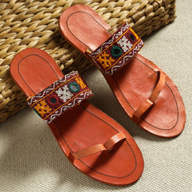 Orange Kutch Embroidery Handstitched Leather Flat Slippers