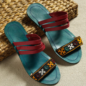 Green Kutch Embroidery Handstitched Leather Flat Slippers