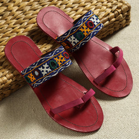 Red Kutch Embroidery Handstitched Leather Flat Slippers