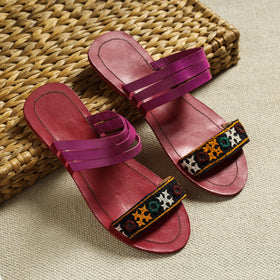Purple Kutch Embroidery Handstitched Leather Flat Slippers