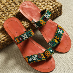 Orange Kutch Embroidery Handstitched Leather Flat Slippers