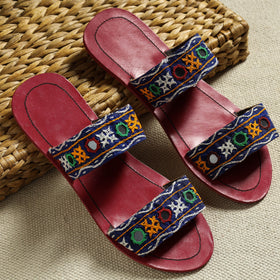 Red Kutch Embroidery Handstitched Leather Flat Slippers