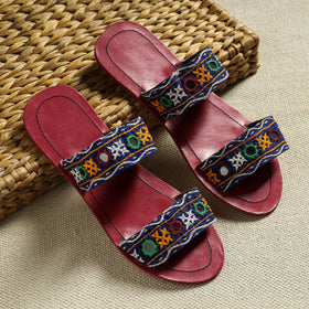 Red Kutch Embroidery Handstitched Leather Flat Slippers