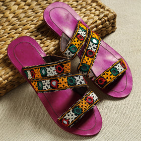 Purple Kutch Embroidery Handstitched Leather Flat Slippers