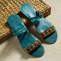 Green Kutch Embroidery Handstitched Leather Flat Slippers