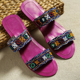 Purple Kutch Embroidery Handstitched Leather Flat Slippers