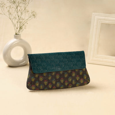 Brown Hand Print Clutch with Embossed Leather Flap