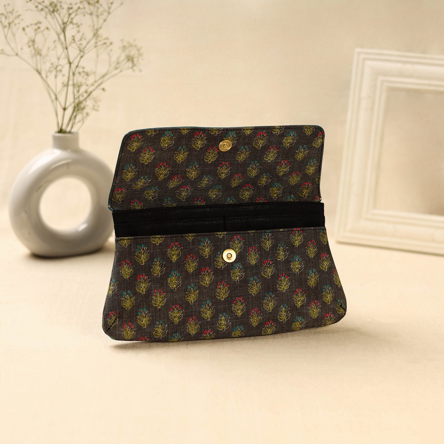 Brown Hand Print Clutch with Embossed Leather Flap