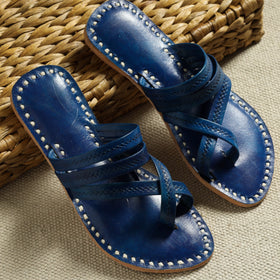 Blue Handstitched Leather Flat Slippers