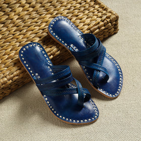 Blue Handstitched Leather Flat Slippers