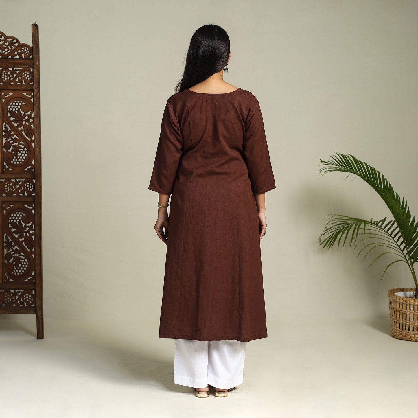 Buy Brown Flex Cotton A-Line Plain Kurta