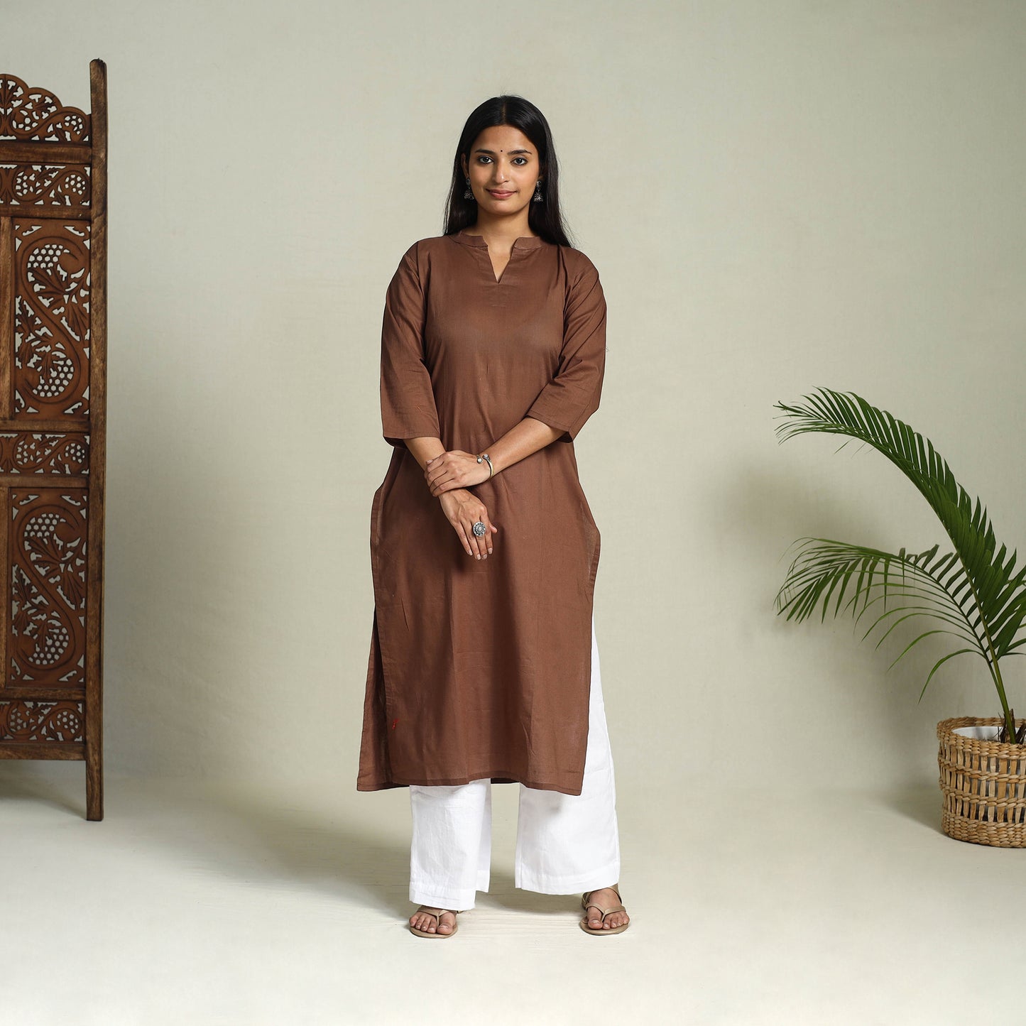 Brown - Cotton Straight Plain Long Kurta 03