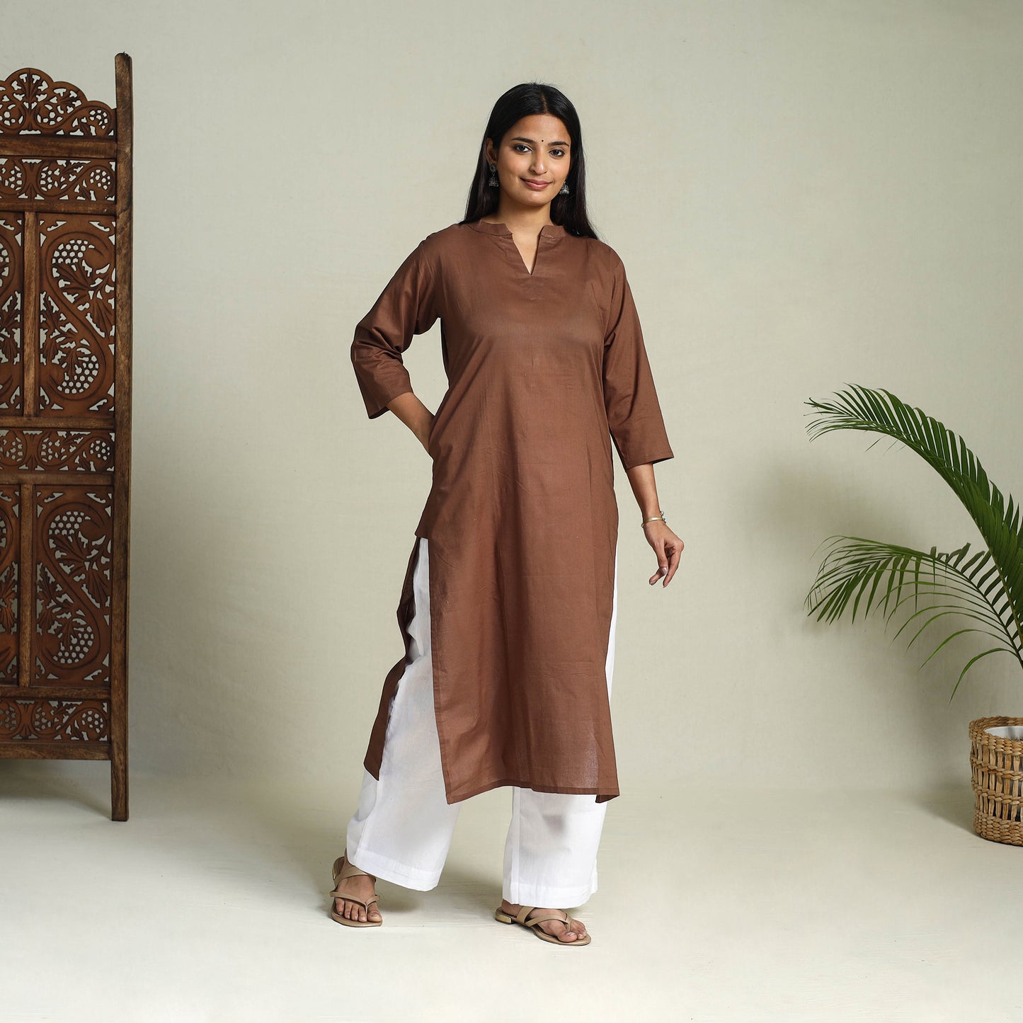 Brown - Cotton Straight Plain Long Kurta 03