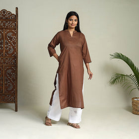 Brown - Cotton Straight Plain Long Kurta 03