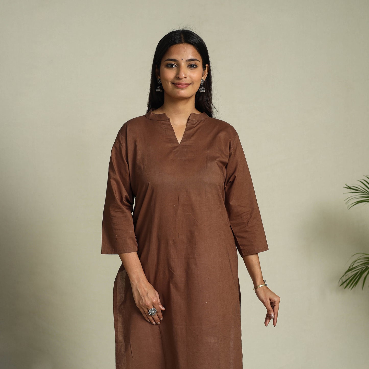 Brown - Cotton Straight Plain Long Kurta 03