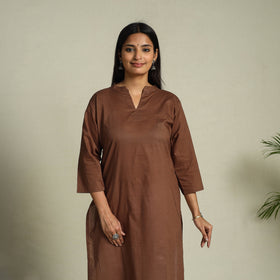 Brown - Cotton Straight Plain Long Kurta 03