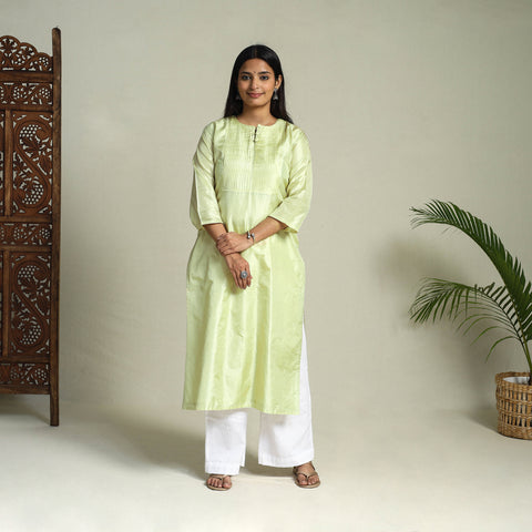 Buy Green Pintuck Straight Plain Silk Kurta