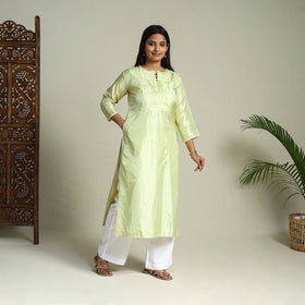 Buy Green Pintuck Straight Plain Silk Kurta