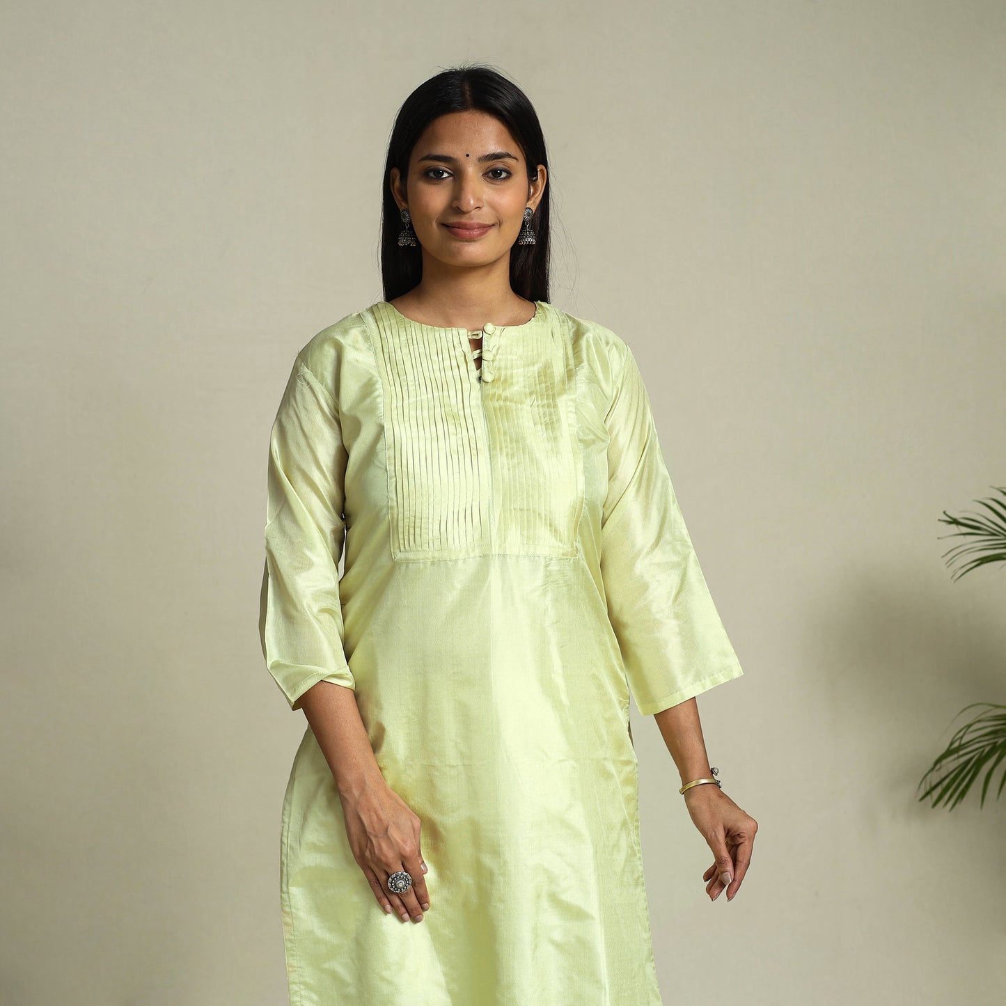 Buy Green Pintuck Straight Plain Silk Kurta