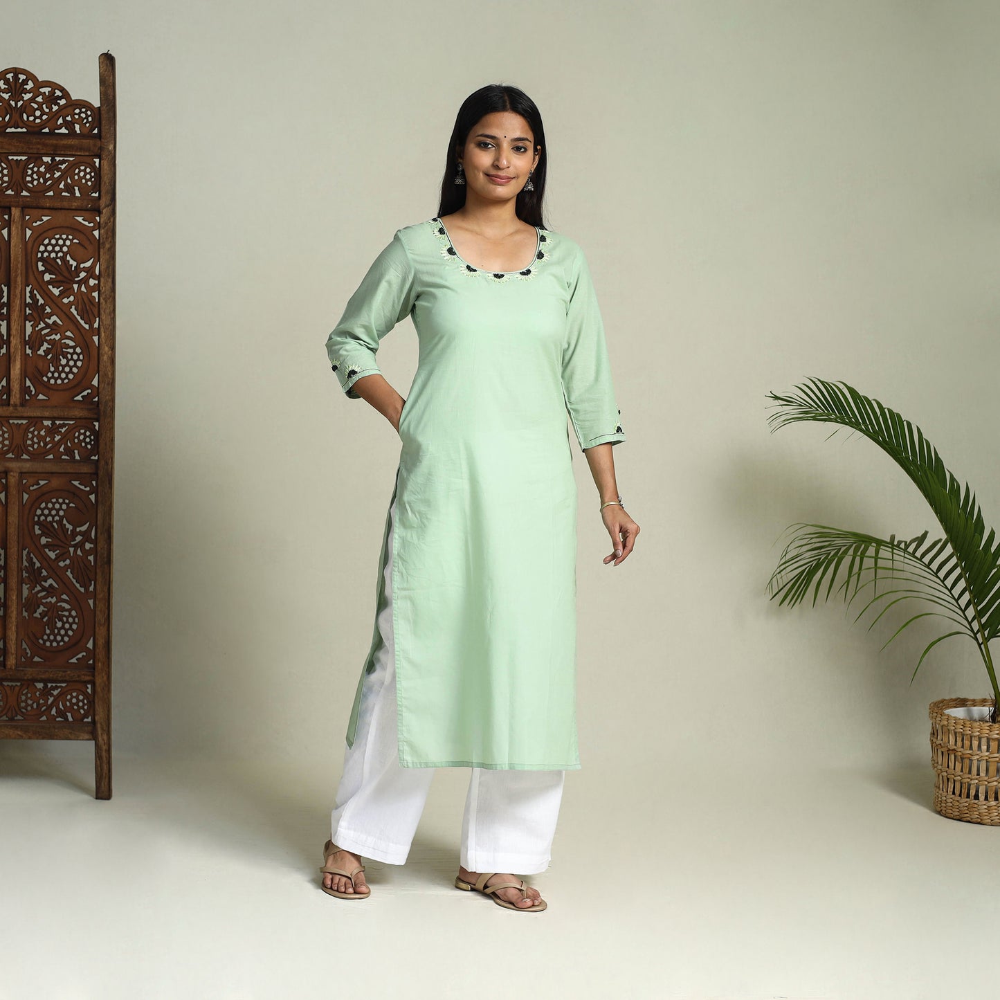 Buy Green Hand Embroidered Cotton Straight Plain Kurta