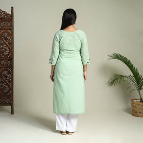 Buy Green Hand Embroidered Cotton Straight Plain Kurta
