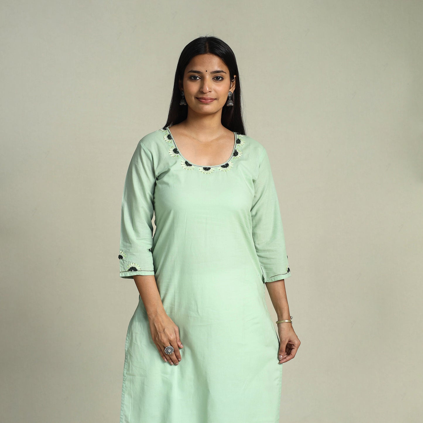 Buy Green Hand Embroidered Cotton Straight Plain Kurta
