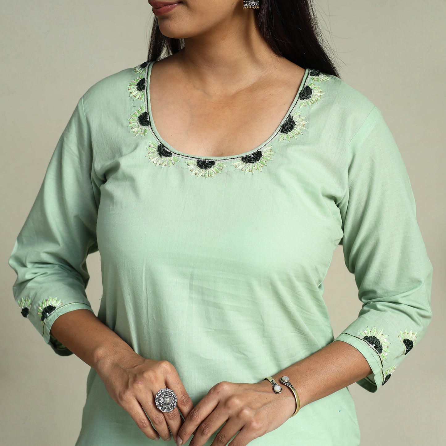 Buy Green Hand Embroidered Cotton Straight Plain Kurta