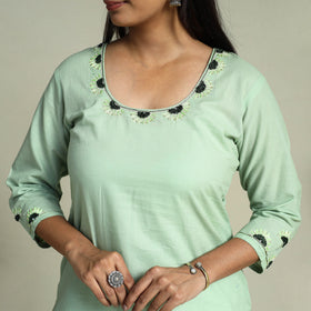 Buy Green Hand Embroidered Cotton Straight Plain Kurta
