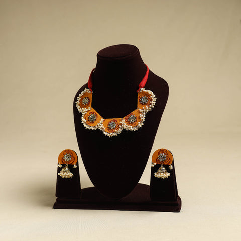 Orange - fabart pearl & stone work necklace set 02