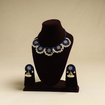  Blue Fabart Pearl & Stone Work Necklace Set