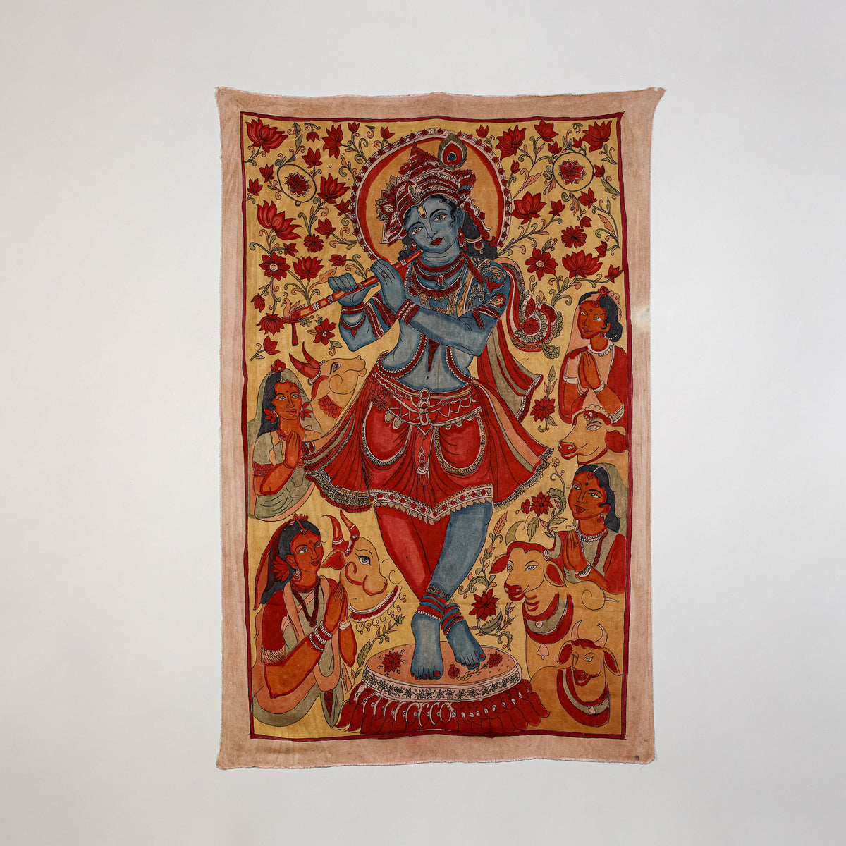 Srikalahasti kalamkari art wall hanging with lord krishna motif by ghanshyam sarode (70 x 46 in)