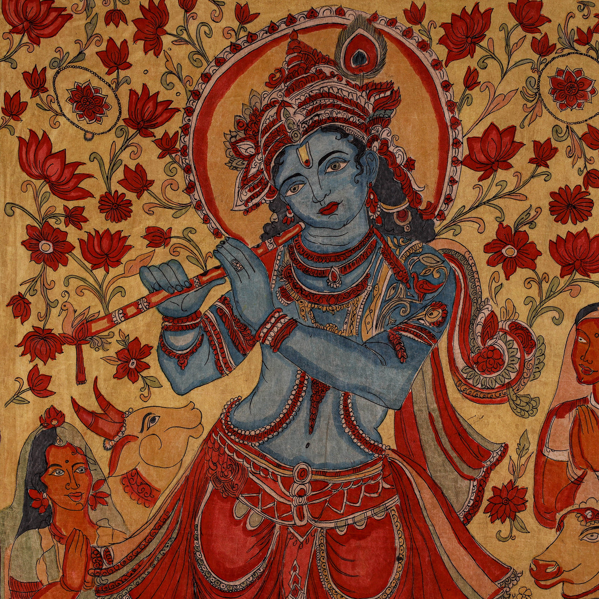 Srikalahasti kalamkari art wall hanging with lord krishna motif by ghanshyam sarode (70 x 46 in)