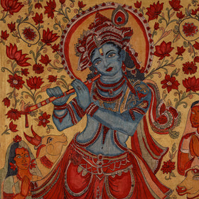 Srikalahasti kalamkari art wall hanging with lord krishna motif by ghanshyam sarode (70 x 46 in)