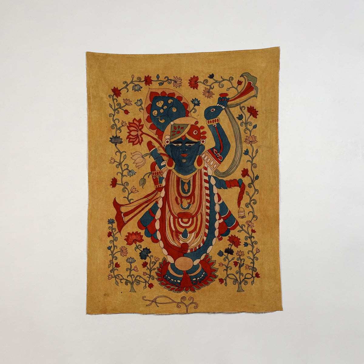 Srikalahasti Kalamkari Art Wall Hanging with Lord Krishna Motif by Ghanshyam Sarode (52 x 38 in) 06
