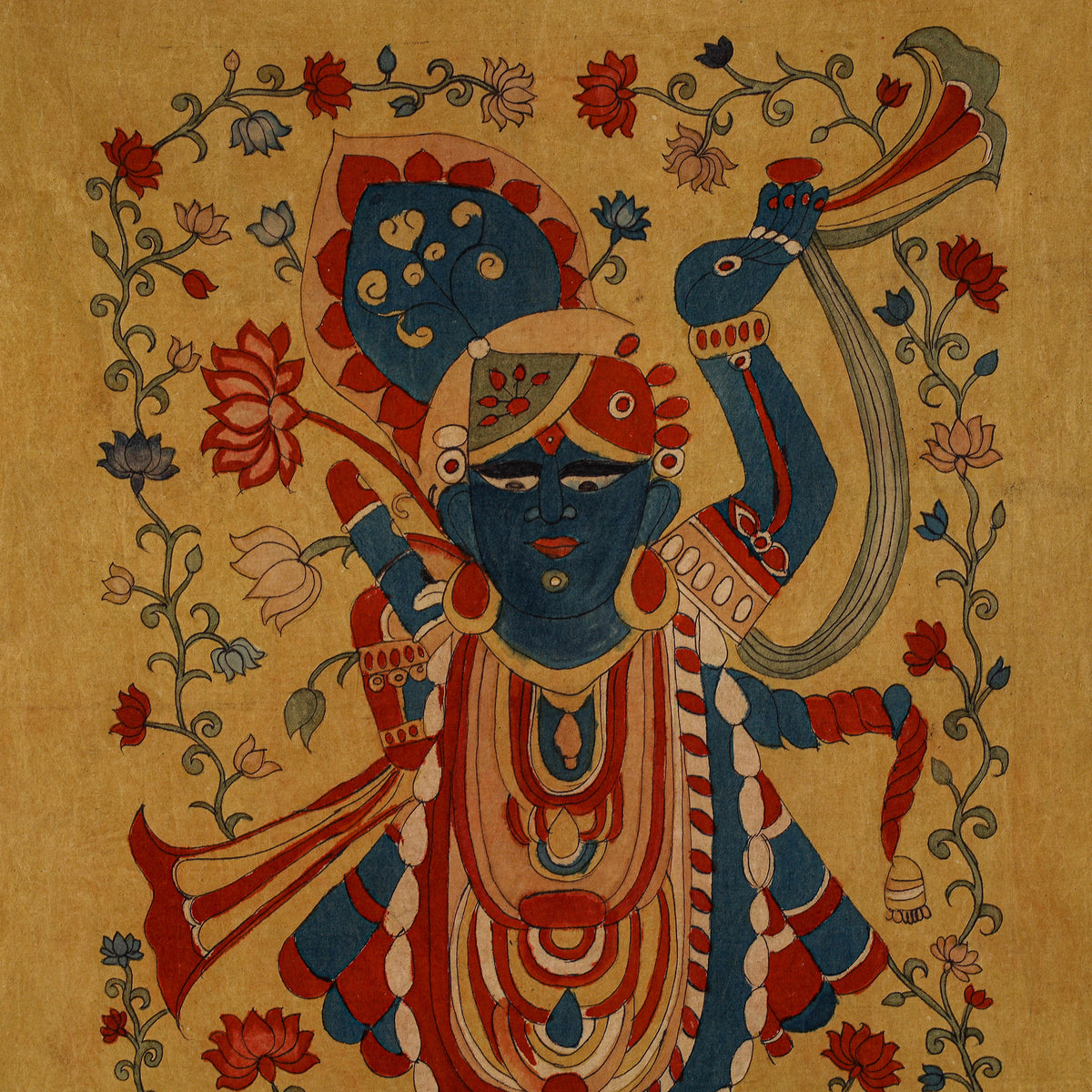 Srikalahasti Kalamkari Art Wall Hanging with Lord Krishna Motif by Ghanshyam Sarode (52 x 38 in) 06