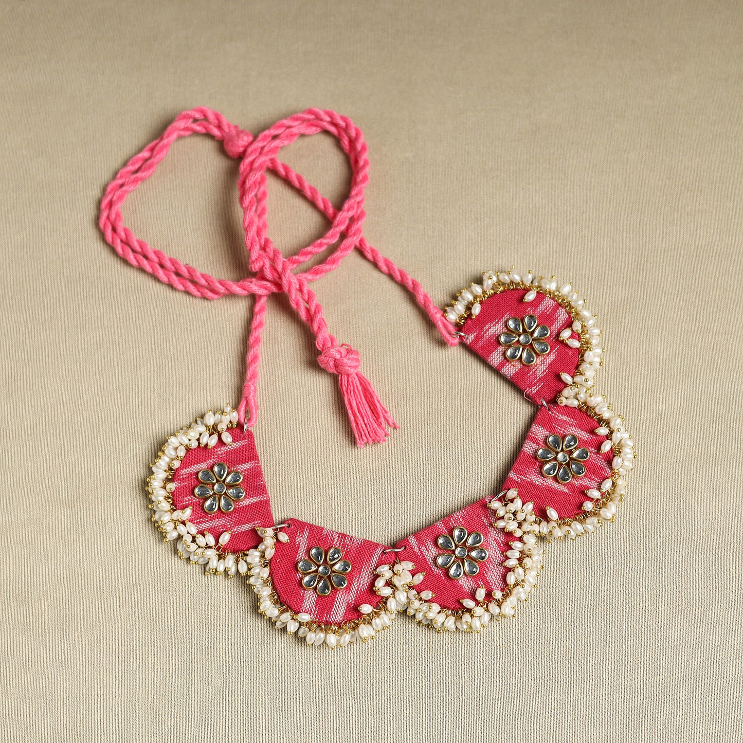  Pink Fabart Pearl & Stone Work Necklace Set