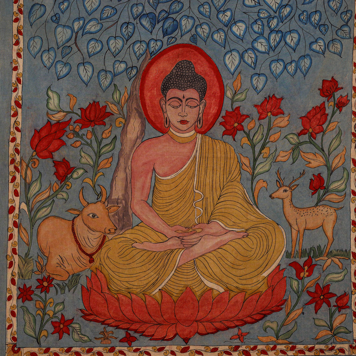 Srikalahasti Kalamkari Art Wall Hanging with Lord Buddha Motif by Ghanshyam Sarode (52 x 46 in) 10