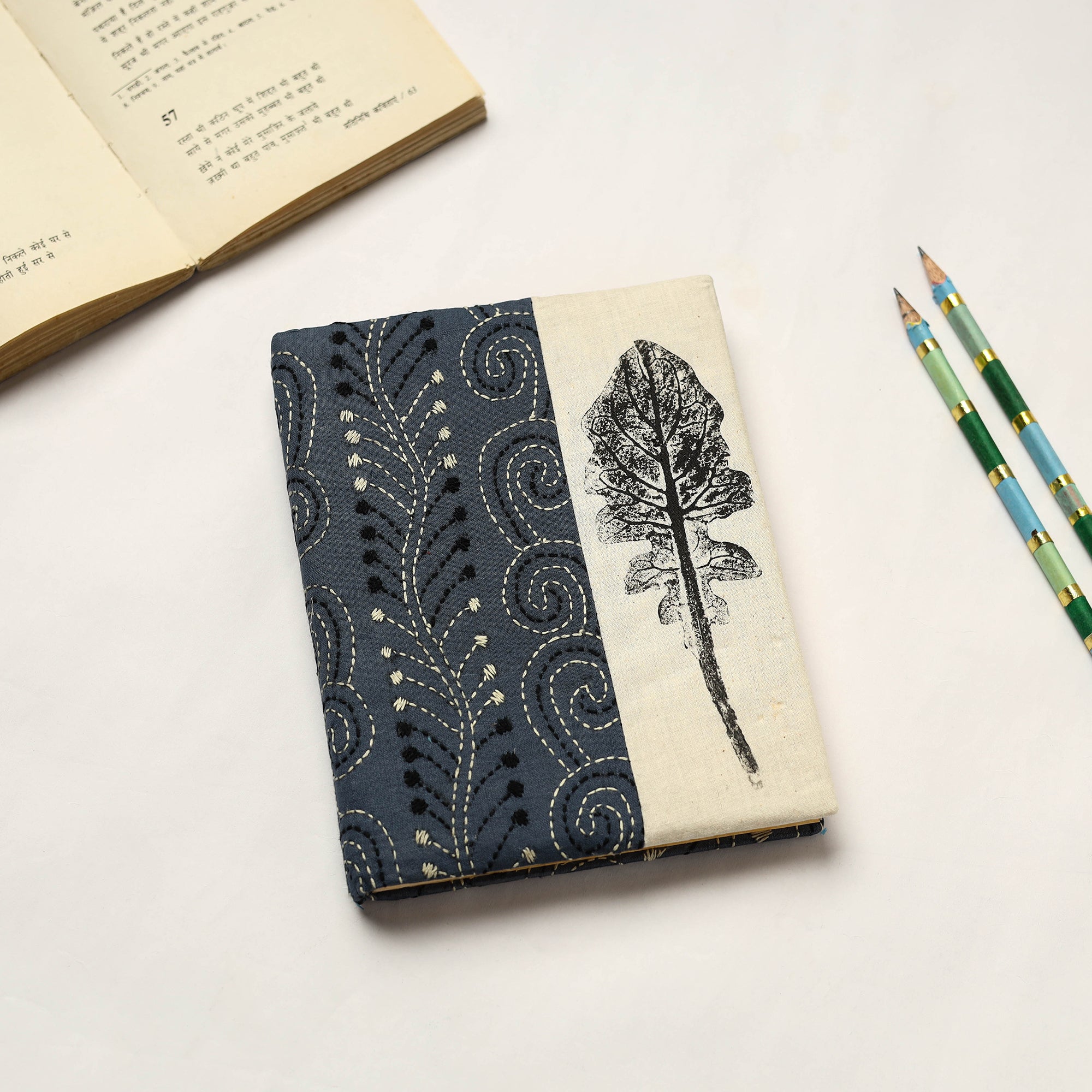 Blue - Kantha Stitch Fabric Cover Handmade Paper Notebook (5 x 3.5 in)