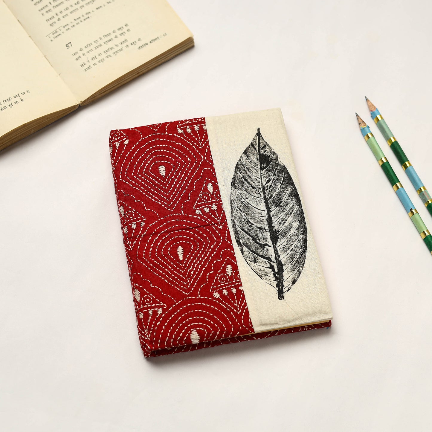 Red - handmade paper notebook with eco leaf kantha work 02