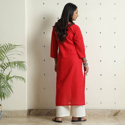 Red - Mangalagiri Pure Handloom Cotton Mirror Work Long Kurta
