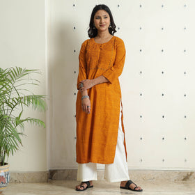 Orange Block Print Cotton Pintuck Straight Bagh Kurta For Women