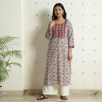 White - Bagh Block Printed Cotton Long Straight Kurta