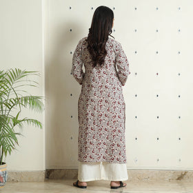  White Block Print Cotton Straight Bagh Kurta for Women