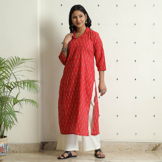 Red - Pochampally Ikat Weave Cotton Long Kurta