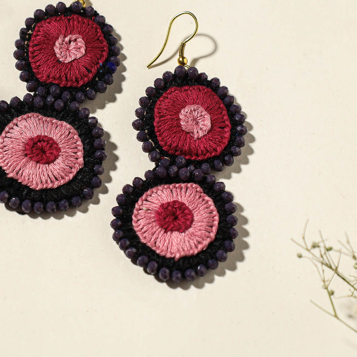 Hand Embroidered Fabart Beadwork Earrings by Rangila Dhaga